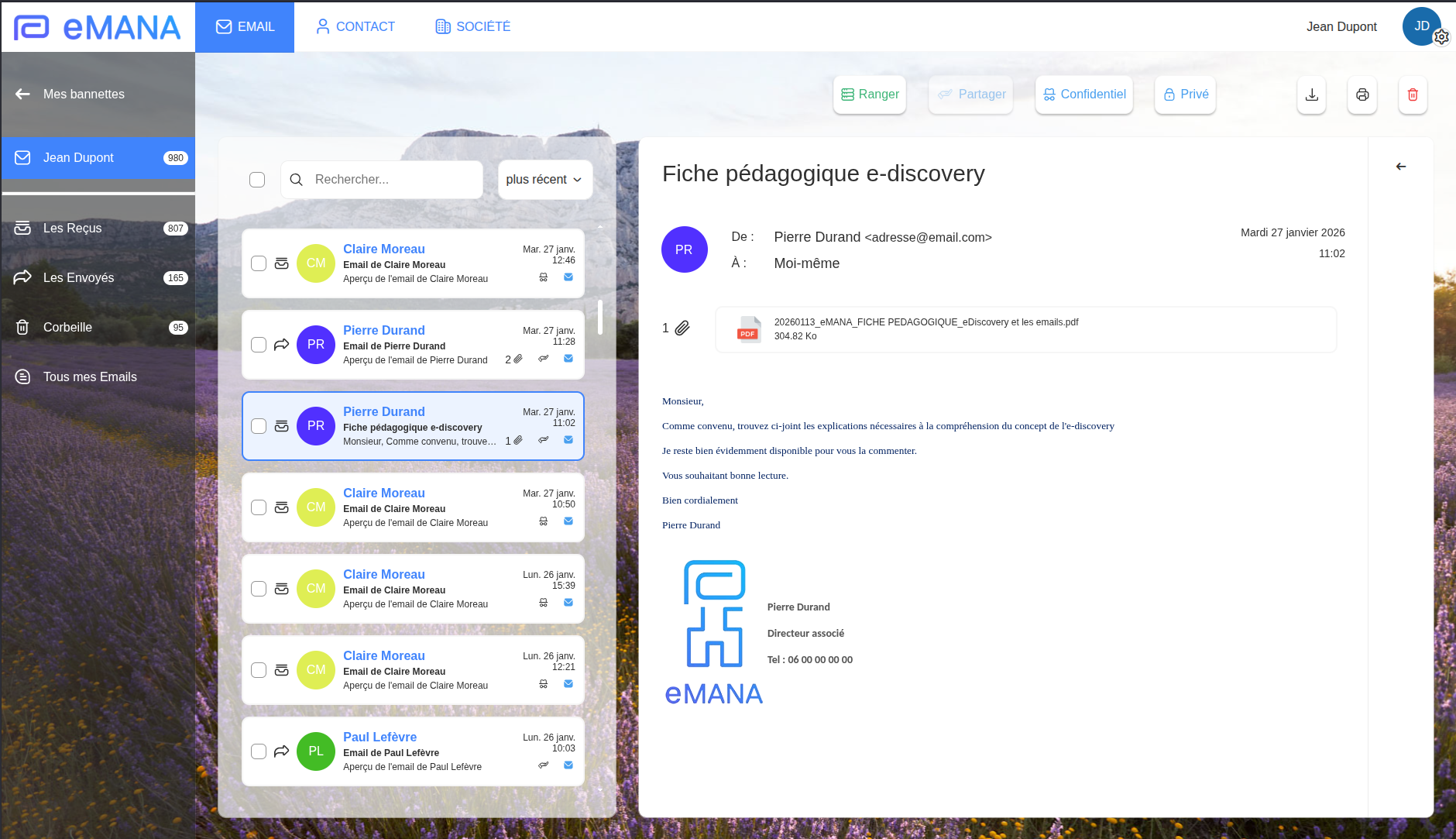 Capture d'écran de l'interface eMana - Onglet emails avec liste des messages
